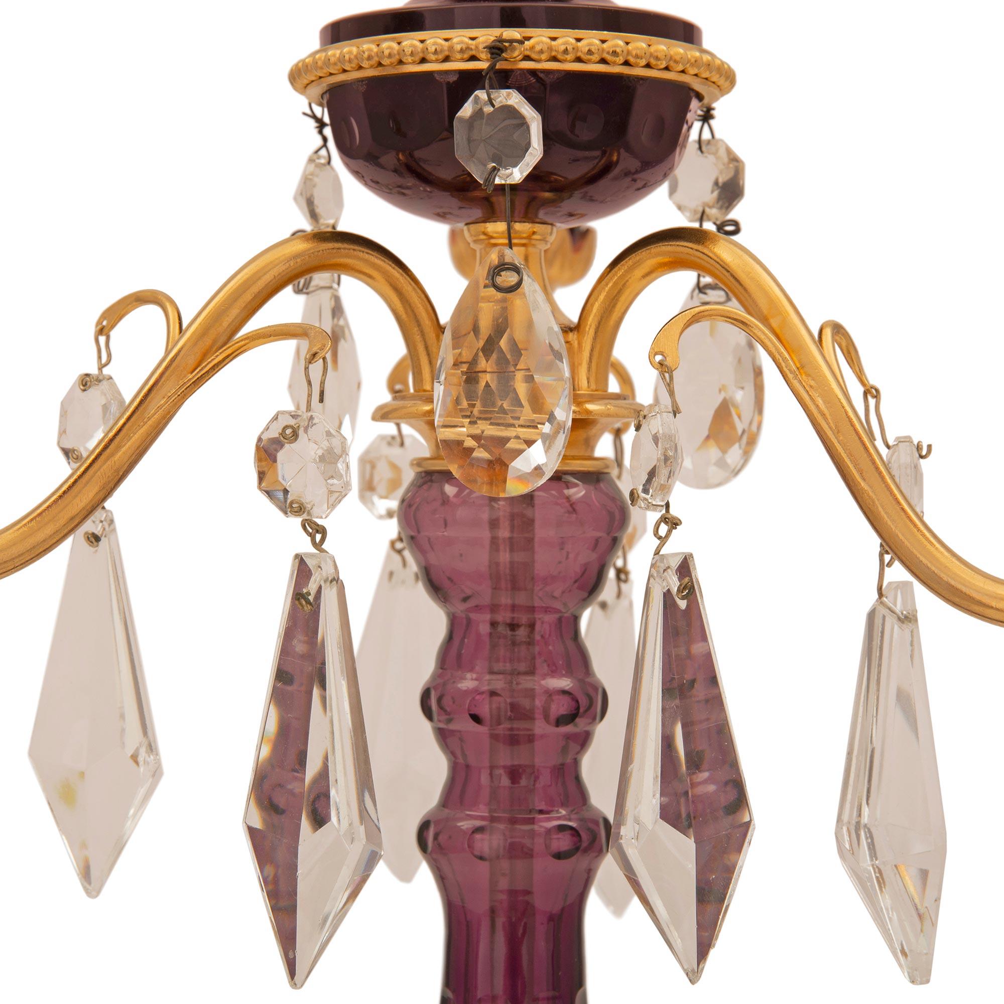 Crystal Pair of French Turn of the Century Louis XVI St. Amethyst Colored Glass Lamps For Sale