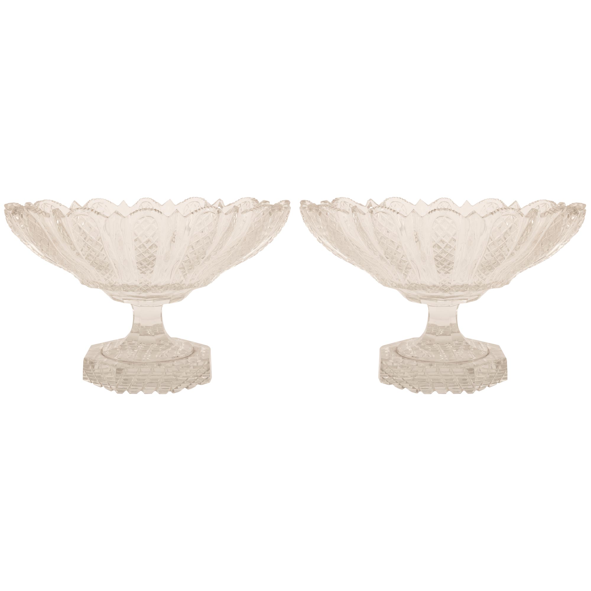 Pair Of French Turn Of The Century Louis XVI St. Crystal Centerpiece Urns For Sale