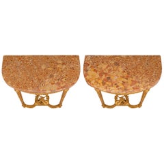 Pair of French Turn-of-the-Century Louis XVI St. Giltwood and Marble Consoles