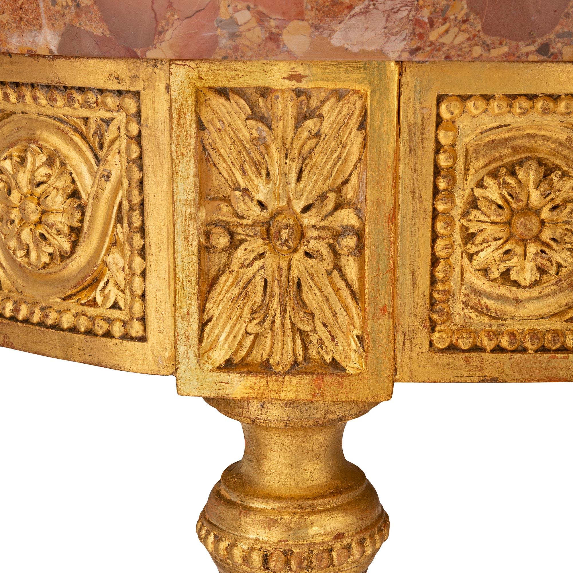 Pair of French Turn-of-the-Century Louis XVI St. Giltwood and Marble Consoles For Sale 1