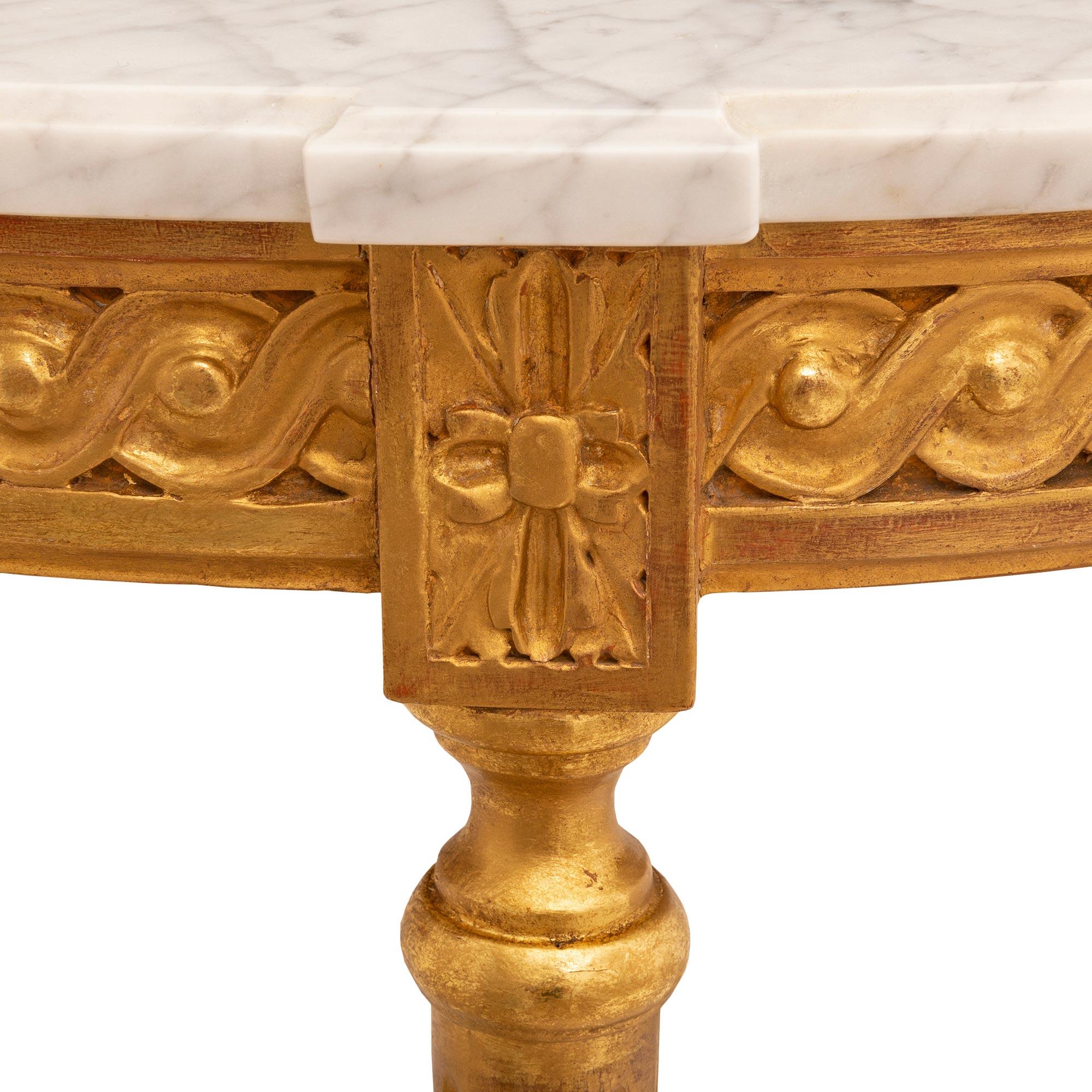 Pair of French Turn of the Century Louis XVI St. Giltwood and White Carrara Marb For Sale 1