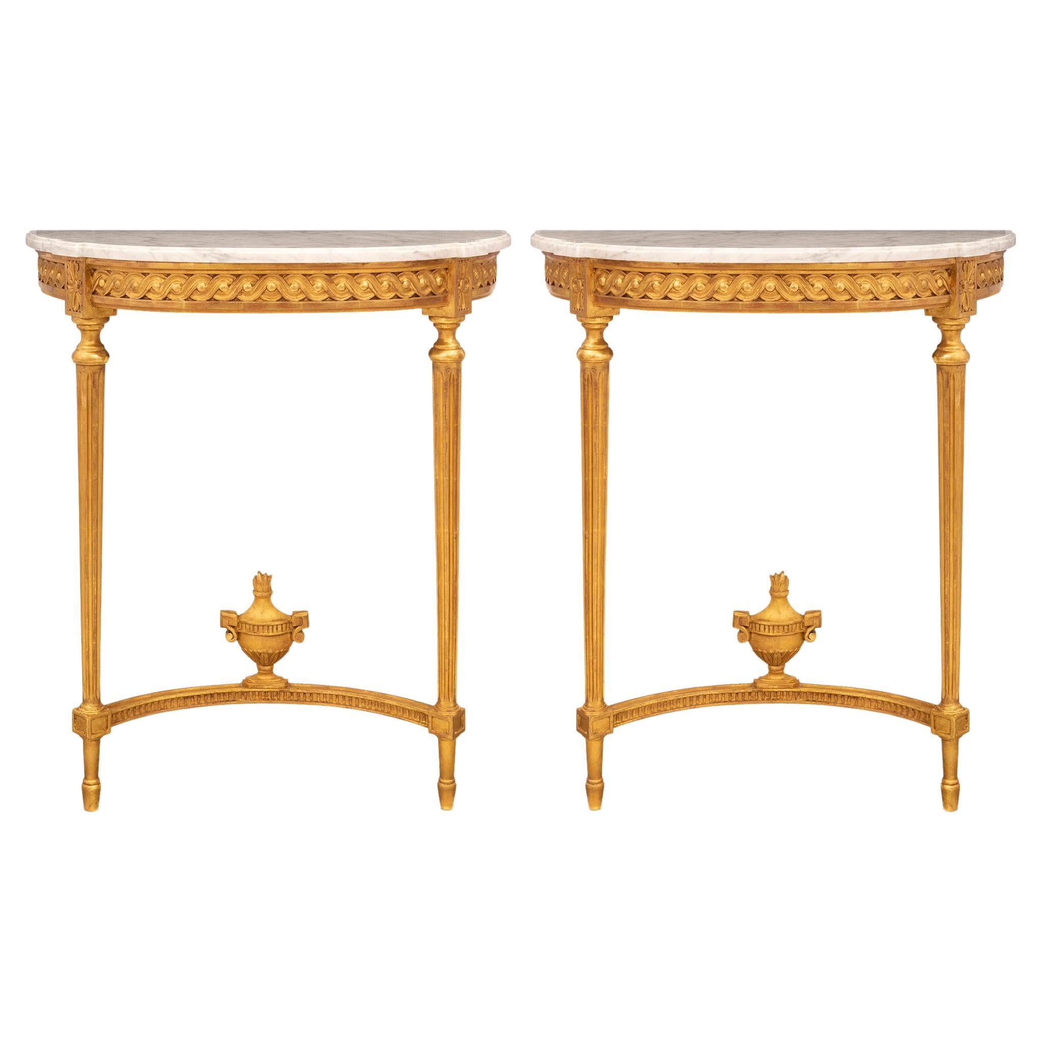 Pair of French Turn of the Century Louis XVI St. Giltwood and White Carrara Marb For Sale