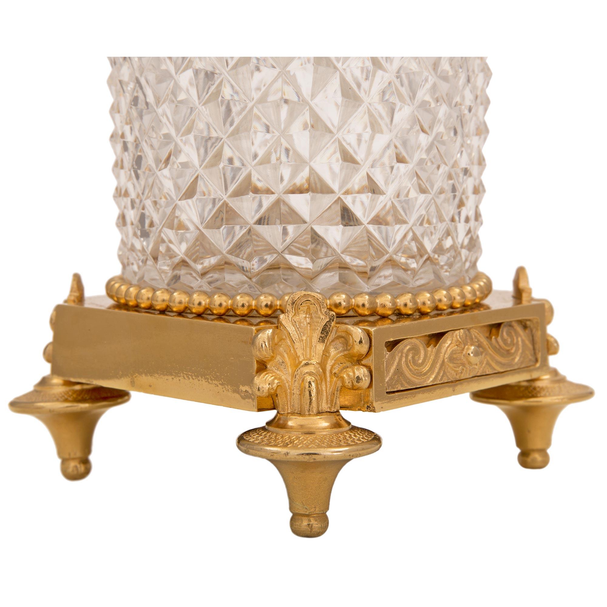 Pair of French Turn of the Century Louis XVI St. Ormolu and Crystal Lamps For Sale 3