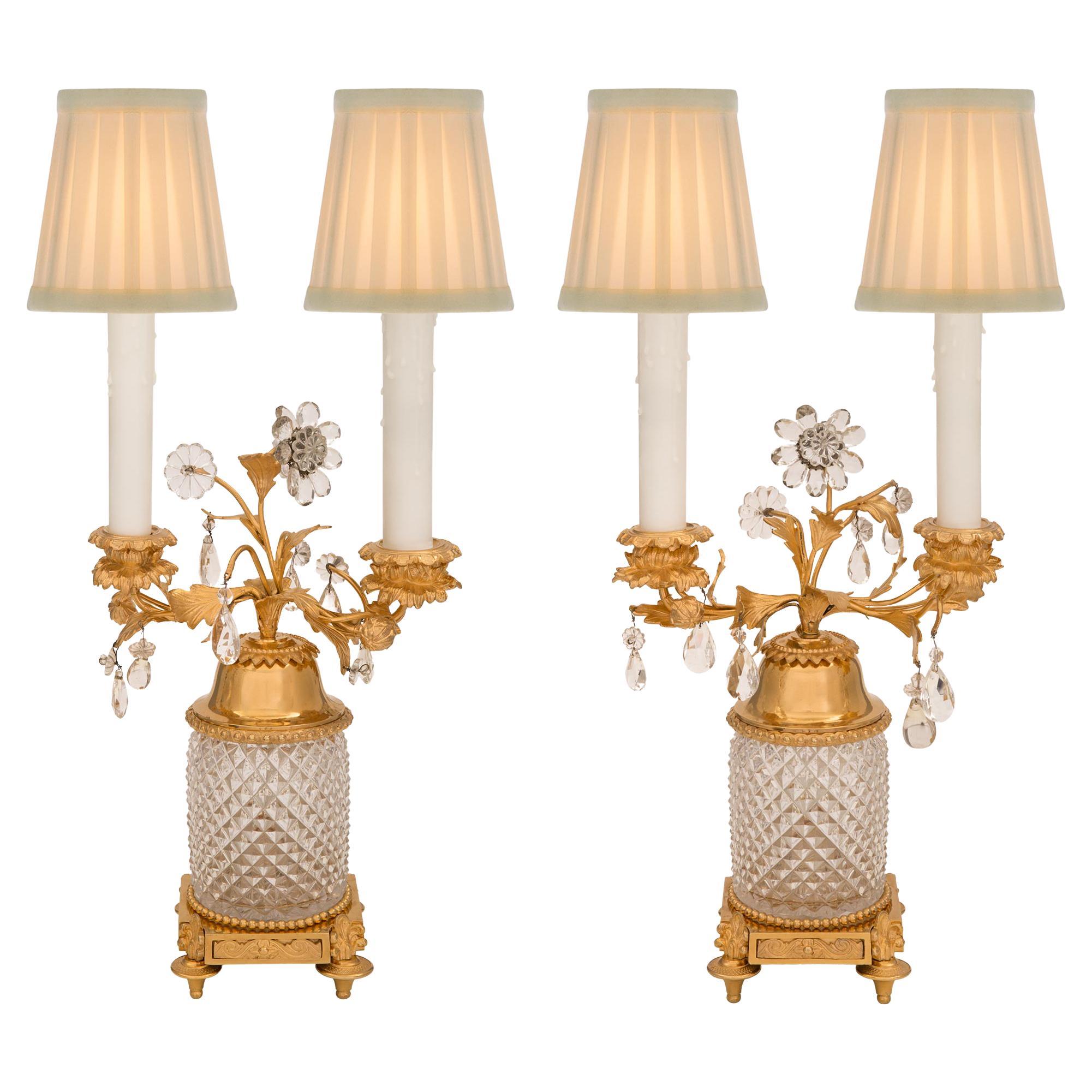 Pair of French Turn of the Century Louis XVI St. Ormolu and Crystal Lamps