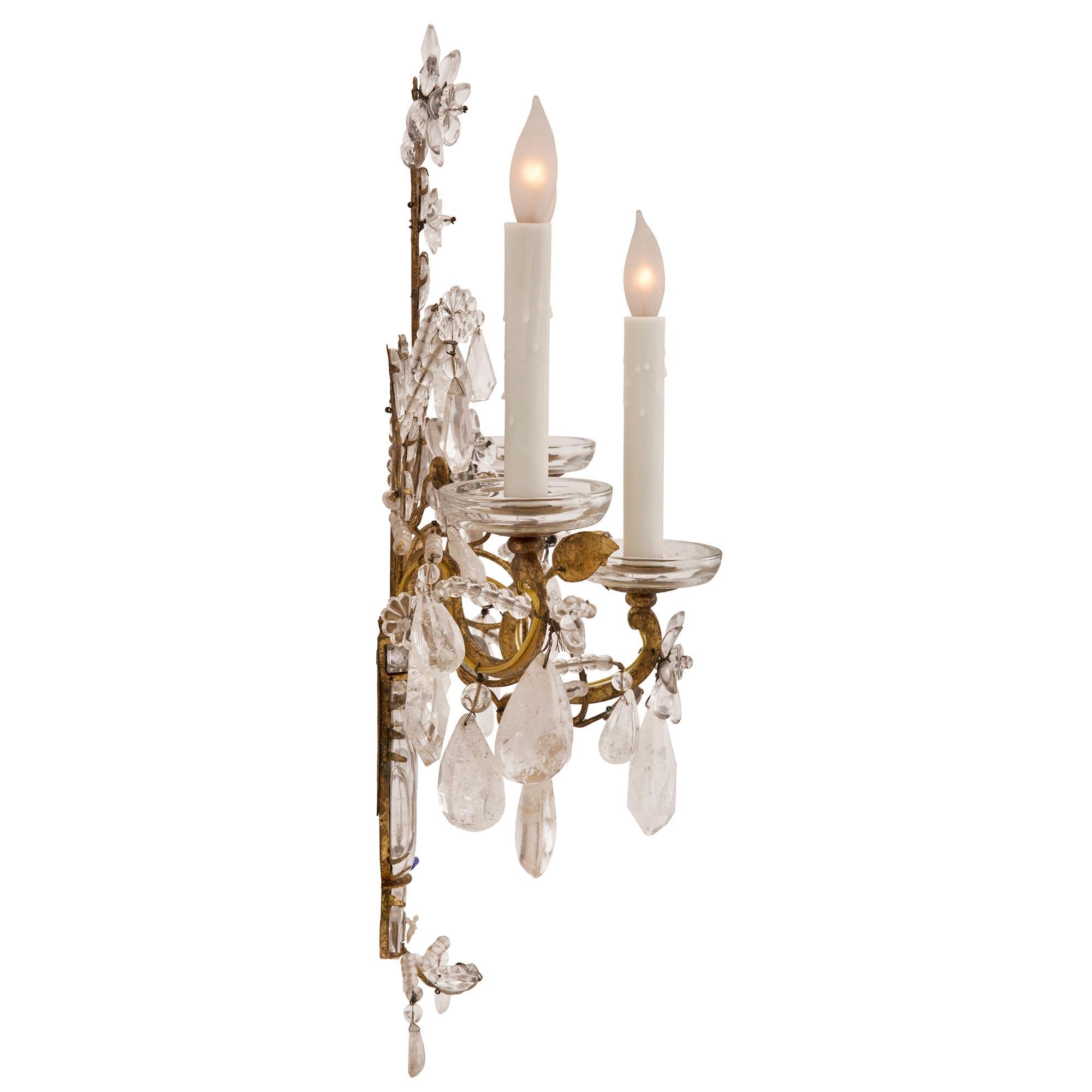 Gilt Pair of French Turn of the Century Louis XVI St. Rock Crystal Sconces