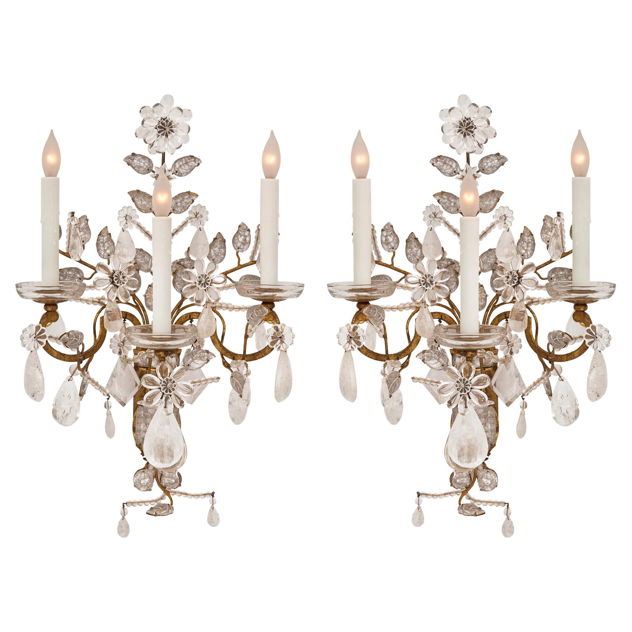 Pair of French Turn of the Century Louis XVI St. Rock Crystal Sconces