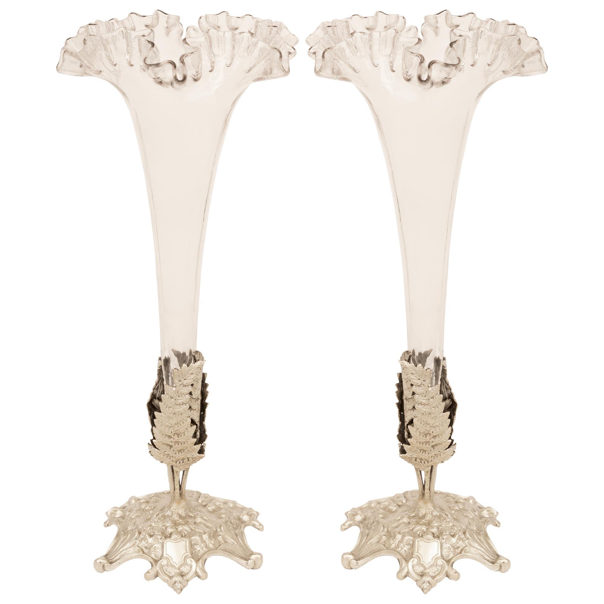 Pair Of French Turn Of The Century Louis XVI St. Silvered Bronze And Glass Vases For Sale 3