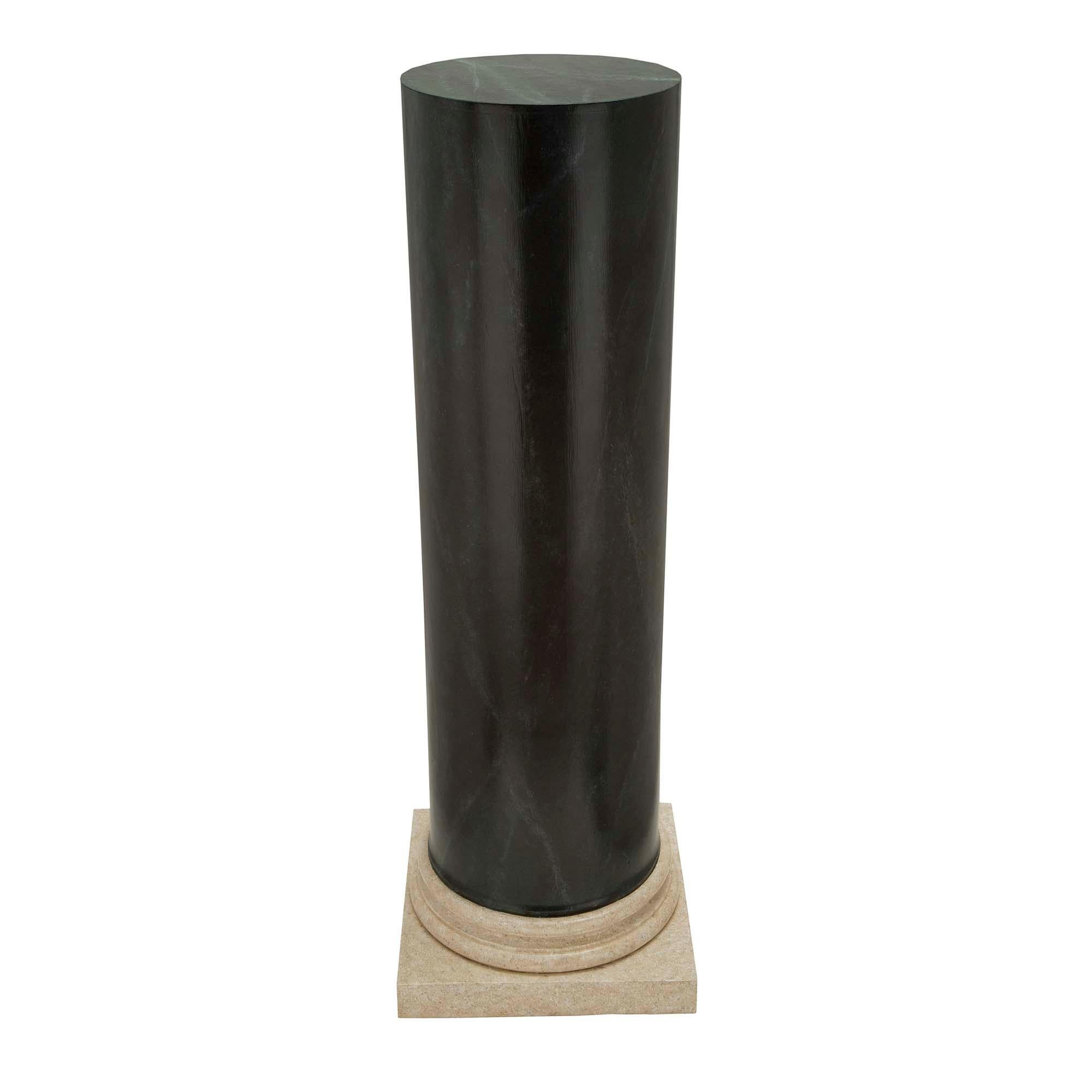 A pair of handsome and very decorative French turn of the century Neo-Classical st. faux painted columns. Each column is raised on an sand colored faux marble square base with a mottled circular support. The elegant tall columns are faux painted