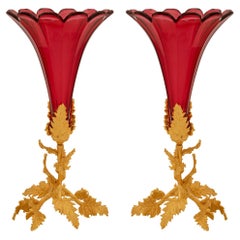 Pair of French Turn of the Century Ormolu and Cranberry Colored Cut Glass Vases