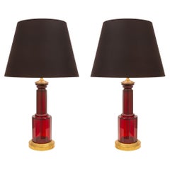 Pair of French Turn of the Century Red Glass and Ormolu Lamps