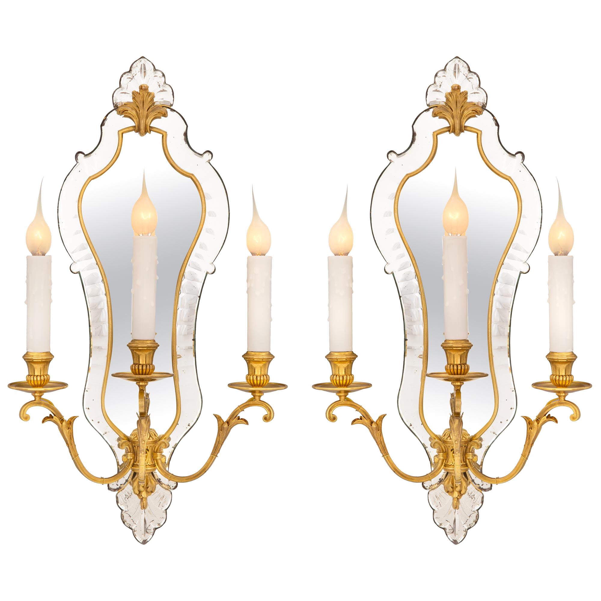 Pair of French Turn-of-the-Century Venetian Style Ormolu and Mirrored Sconces For Sale