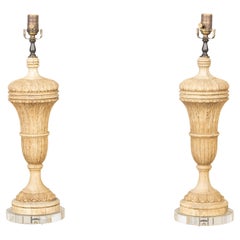 Pair of French Turn of the Century Wooden Lamps with Hand-Carved Foliage Décor