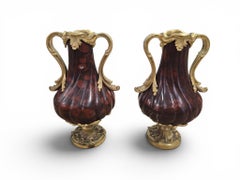 Pair of French Turned Red Marble Vases with Gilt Bronze Mounts