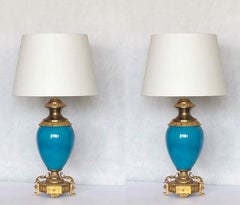 Pair of French Turquoise Blue Porcelain and Bronze Table Lamps with Linen Shades
