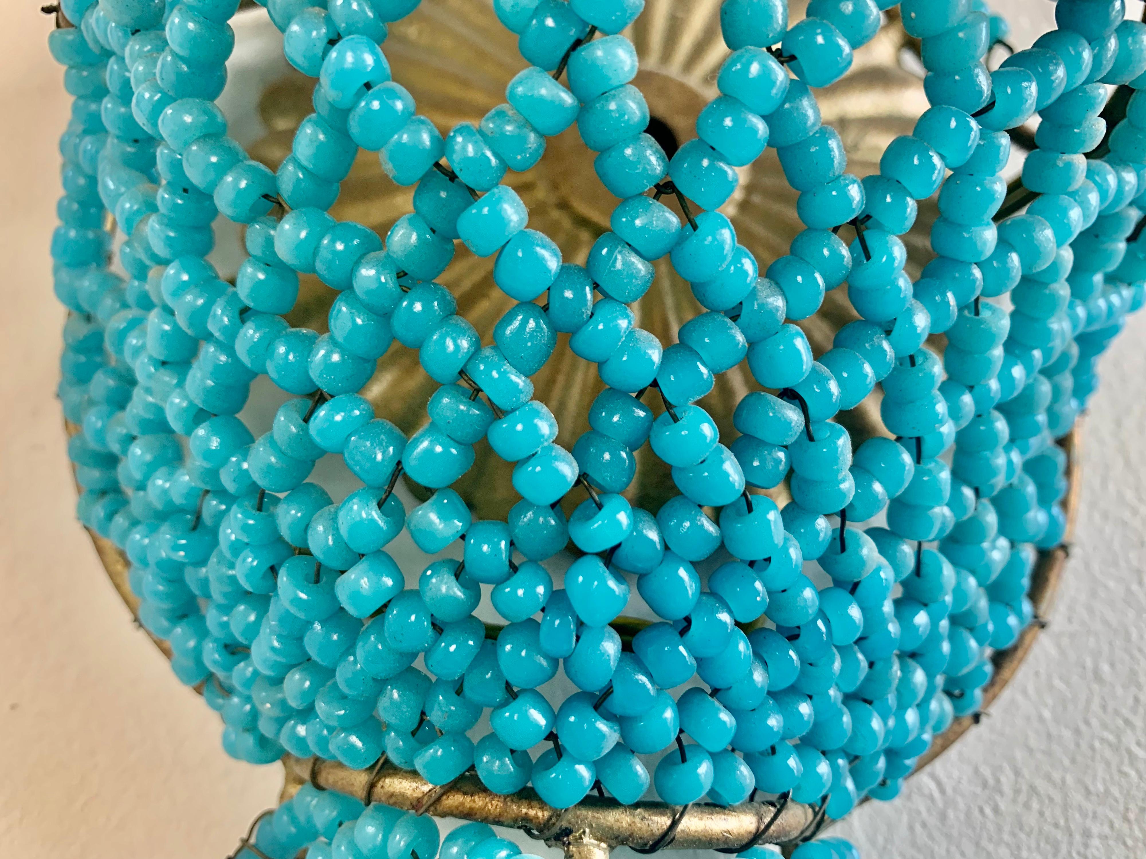 Pair of French Turquoise Colored Basket Beaded Sconces, C. 1930's 3
