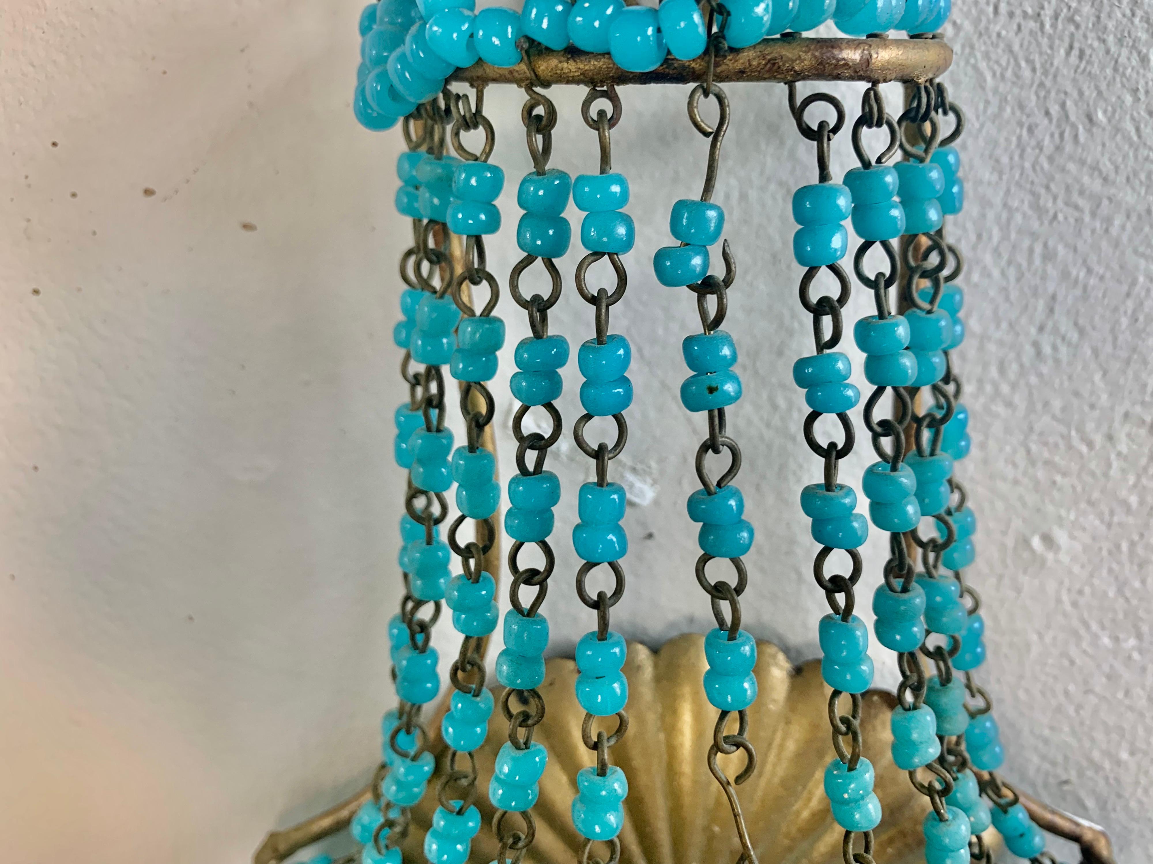 Pair of French Turquoise Colored Basket Beaded Sconces, C. 1930's 4