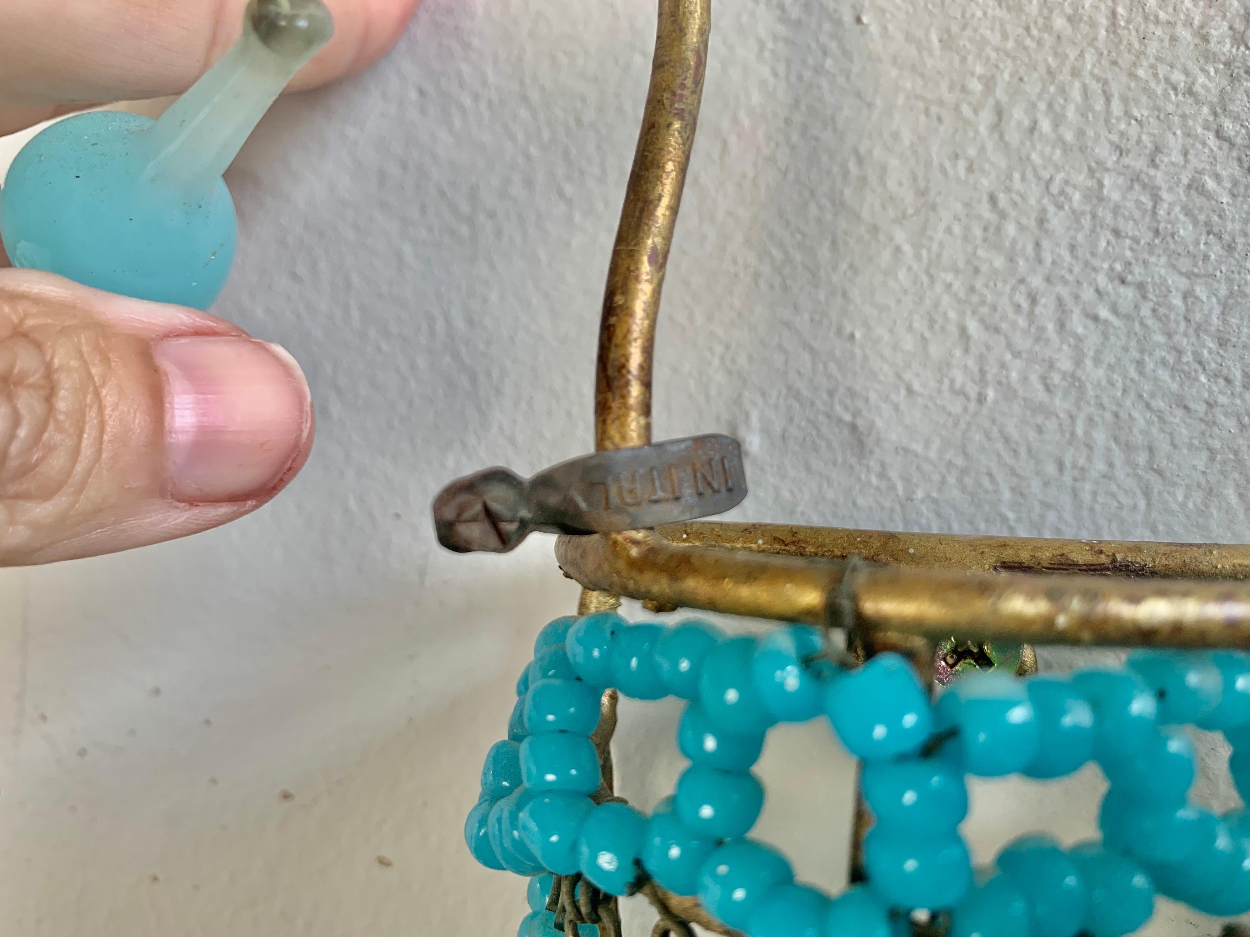 Pair of French Turquoise Colored Basket Beaded Sconces, C. 1930's 5