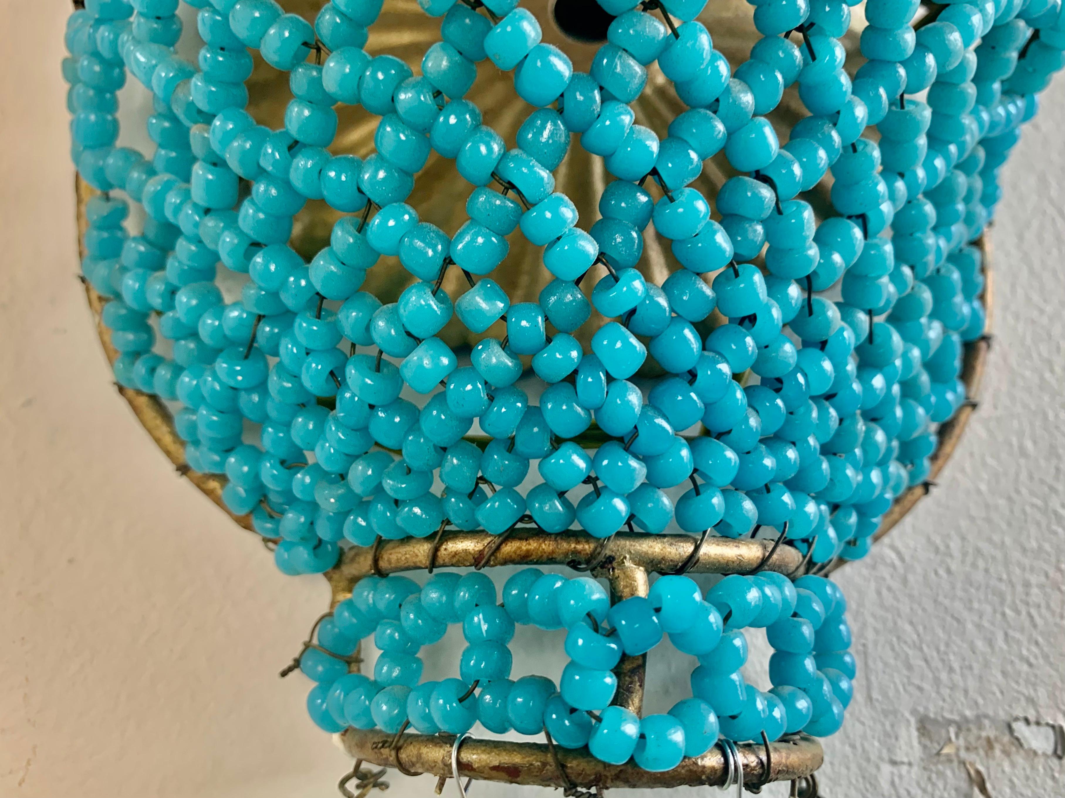 Pair of French Turquoise Colored Basket Beaded Sconces, C. 1930's 6