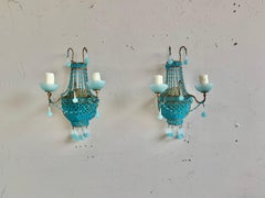 Pair of French Turquoise Colored Basket Beaded Sconces, C. 1930's