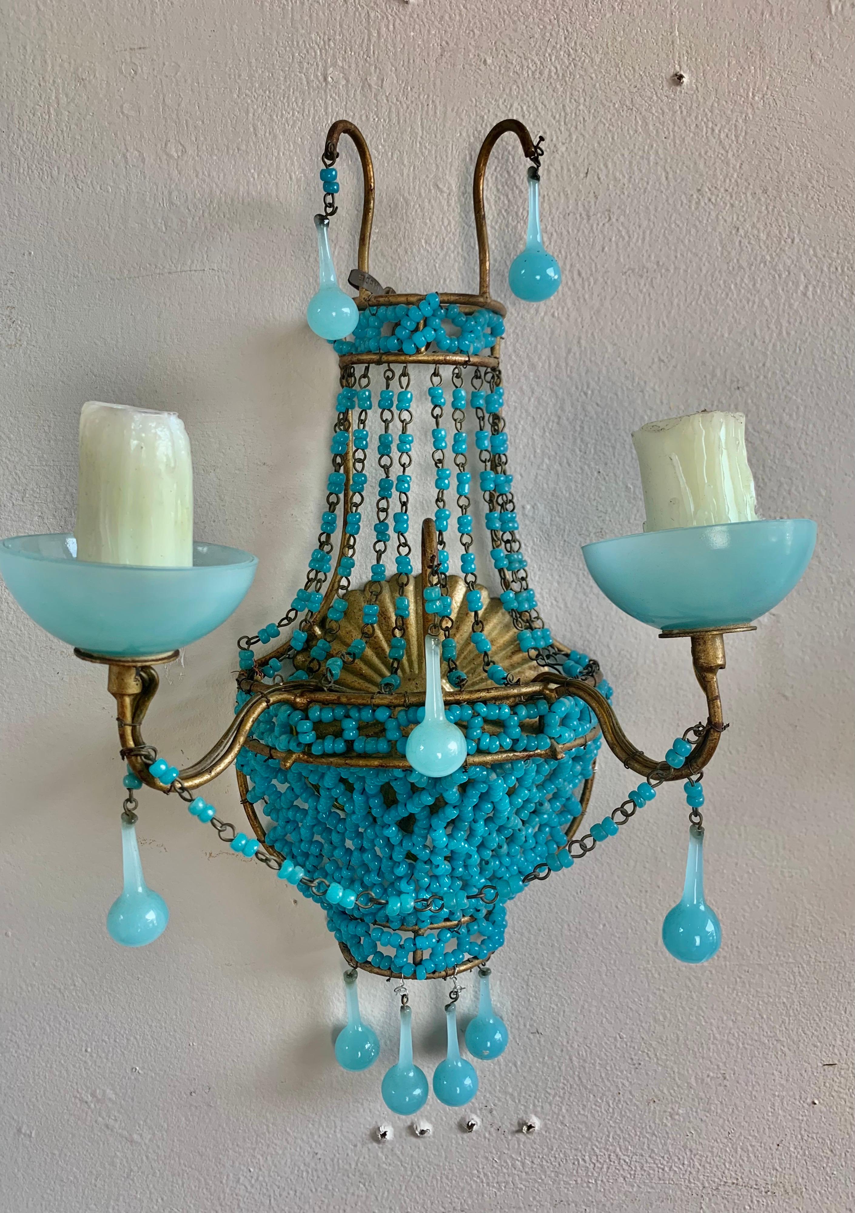 Rococo Pair of French Turquoise Colored Basket Beaded Sconces, C. 1930's
