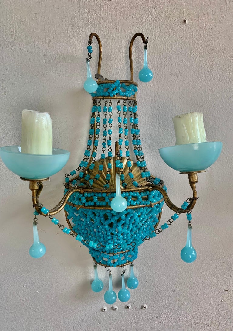 Pair of French Turquoise Colored Basket Beaded Sconces, C. 1930's at  1stDibs | turquoise sconces