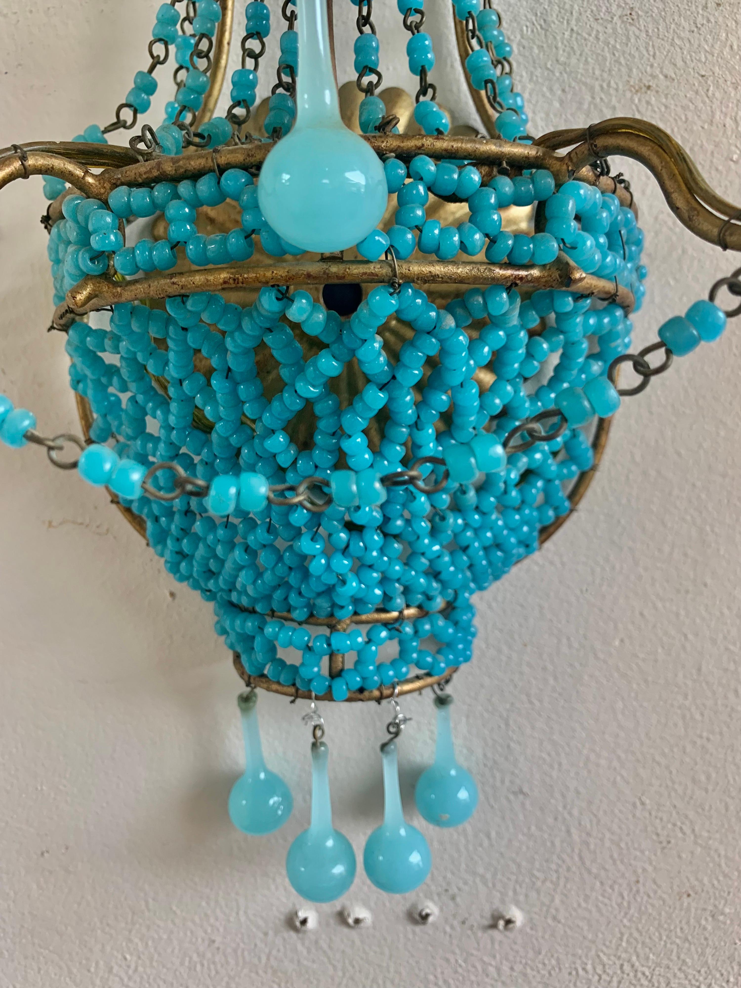 Pair of French Turquoise Colored Basket Beaded Sconces, C. 1930's In Excellent Condition In Los Angeles, CA