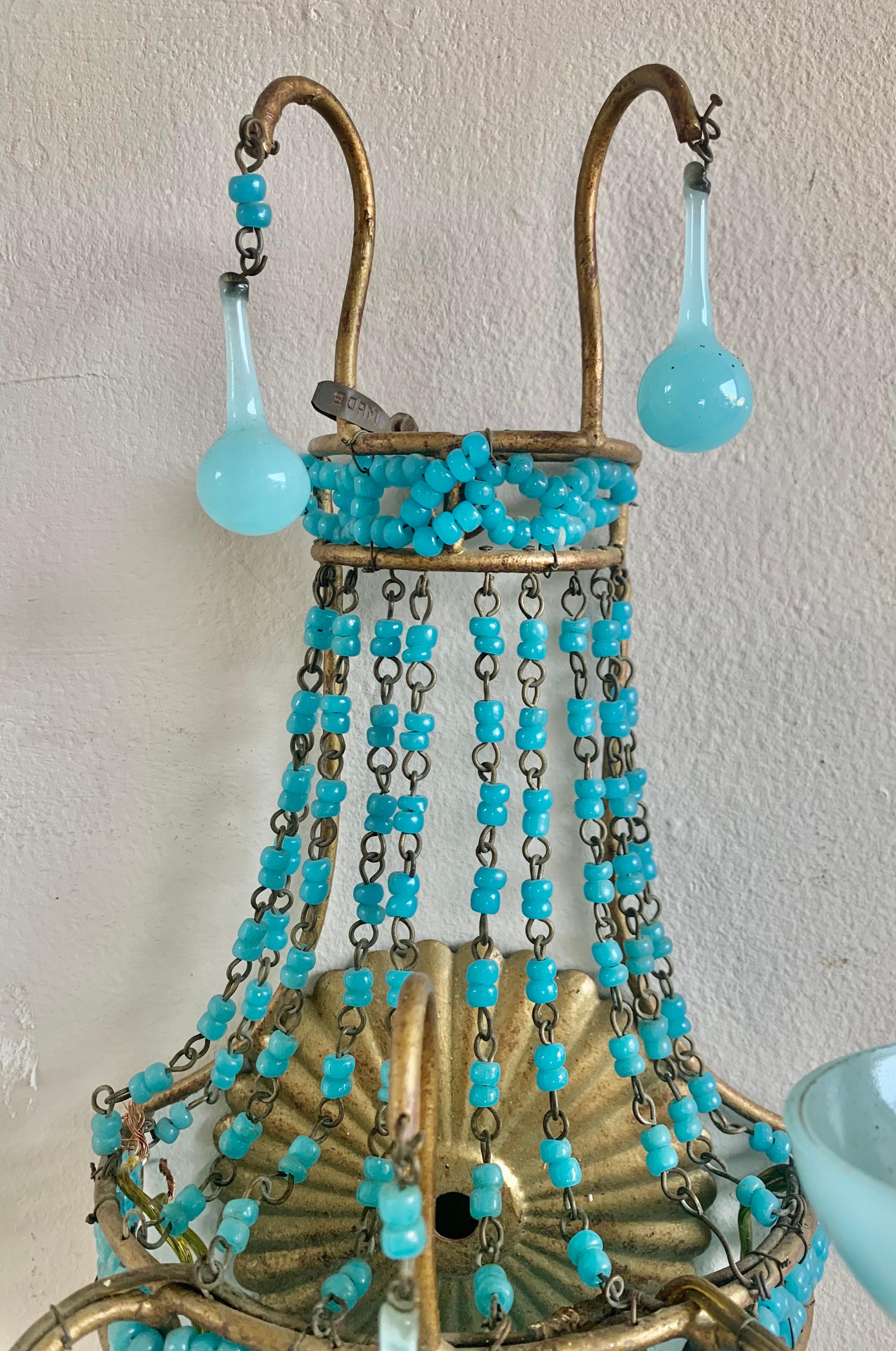 Mid-20th Century Pair of French Turquoise Colored Basket Beaded Sconces, C. 1930's