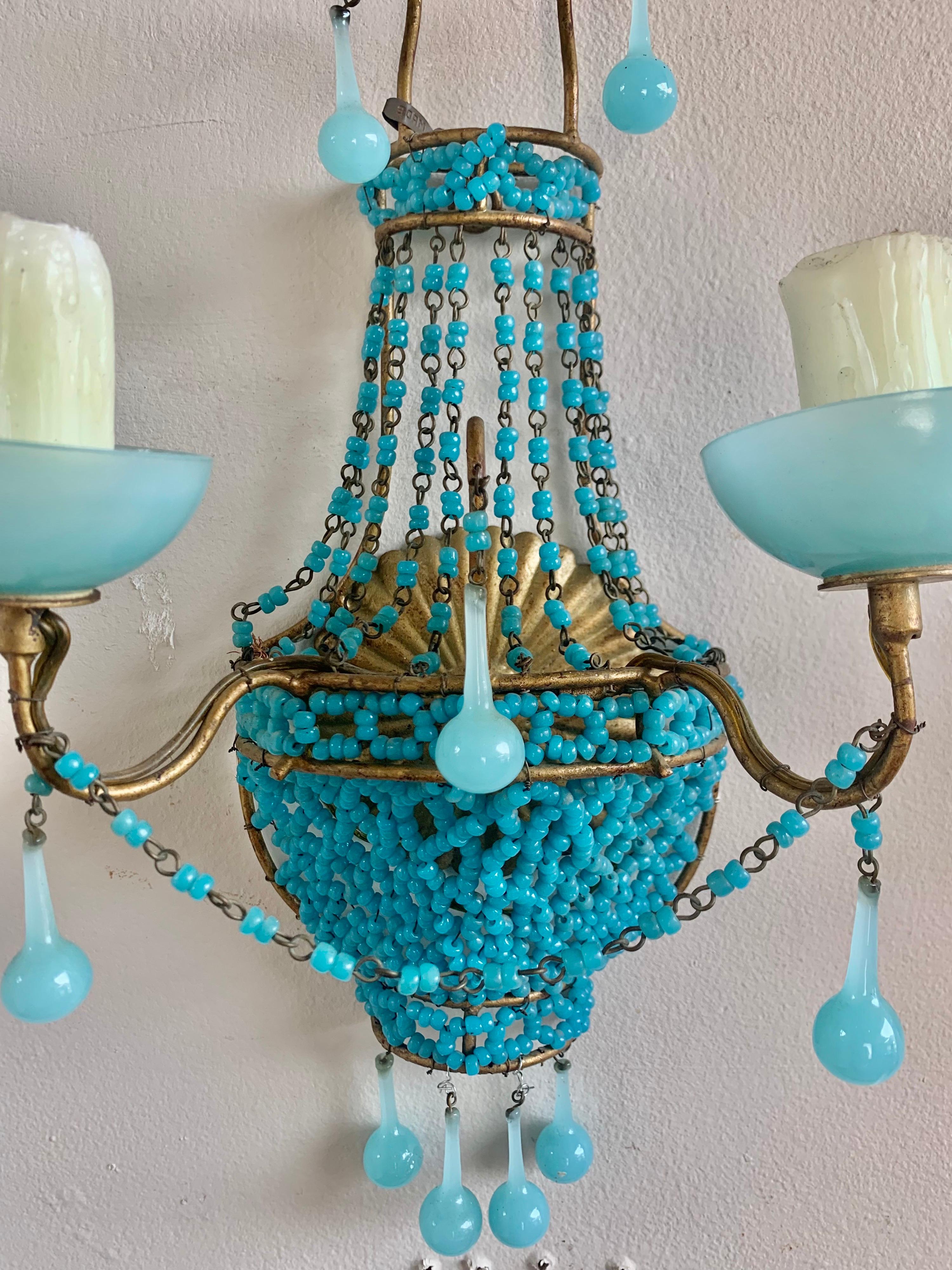 Metal Pair of French Turquoise Colored Basket Beaded Sconces, C. 1930's