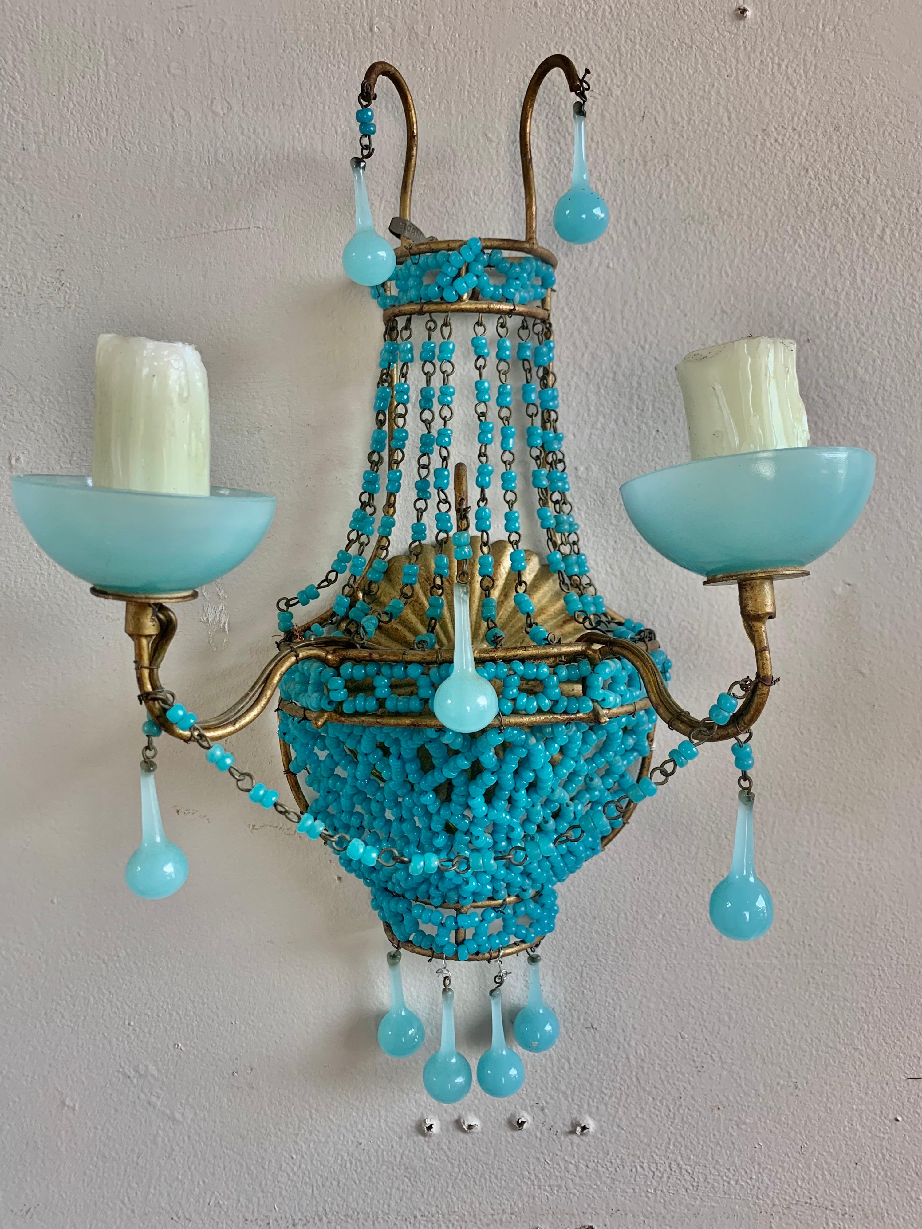 Pair of French Turquoise Colored Basket Beaded Sconces, C. 1930's 1