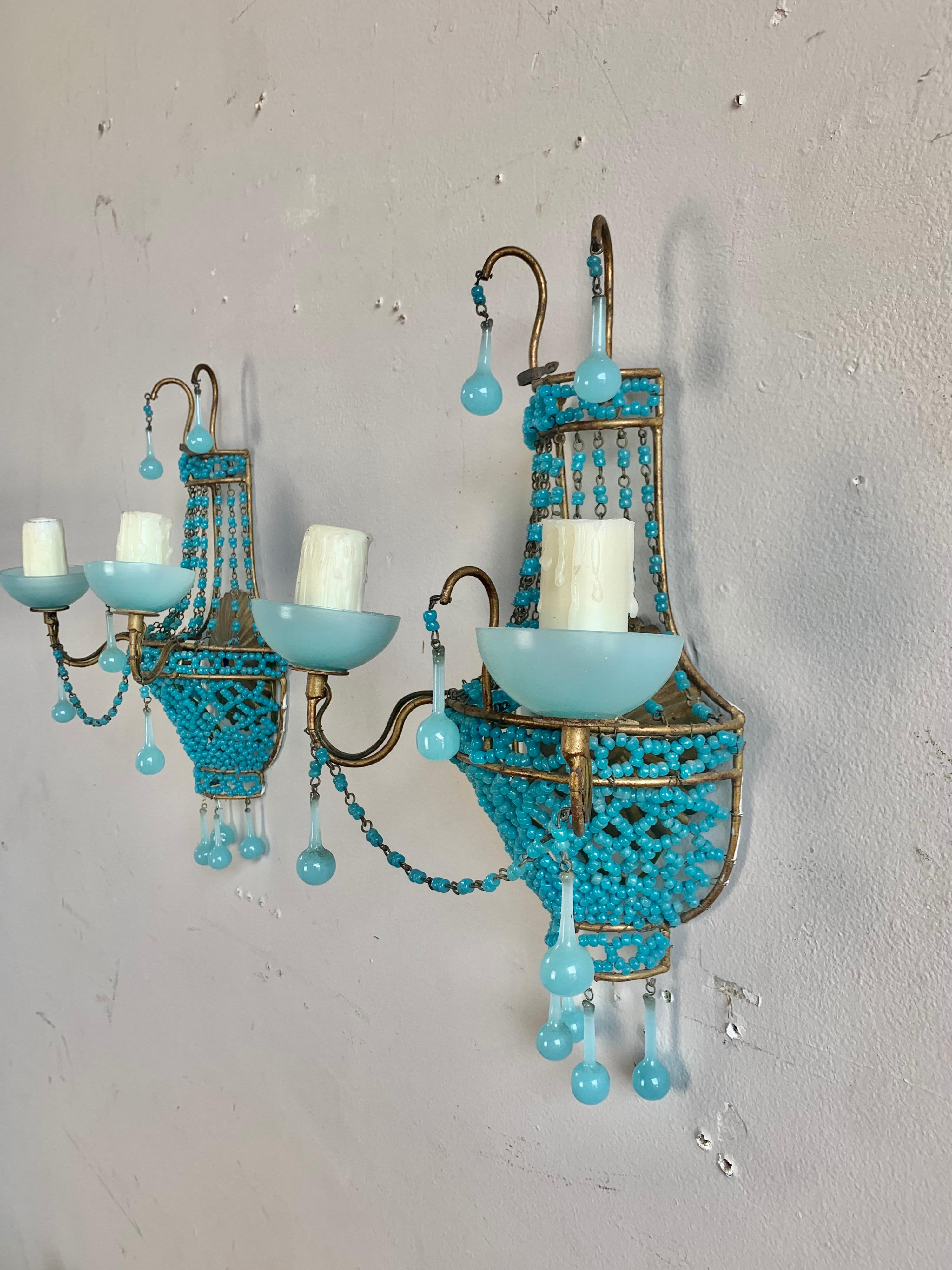 Pair of French Turquoise Colored Basket Beaded Sconces, C. 1930's 2