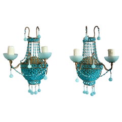 Pair of French Turquoise Colored Basket Beaded Sconces, C. 1930's