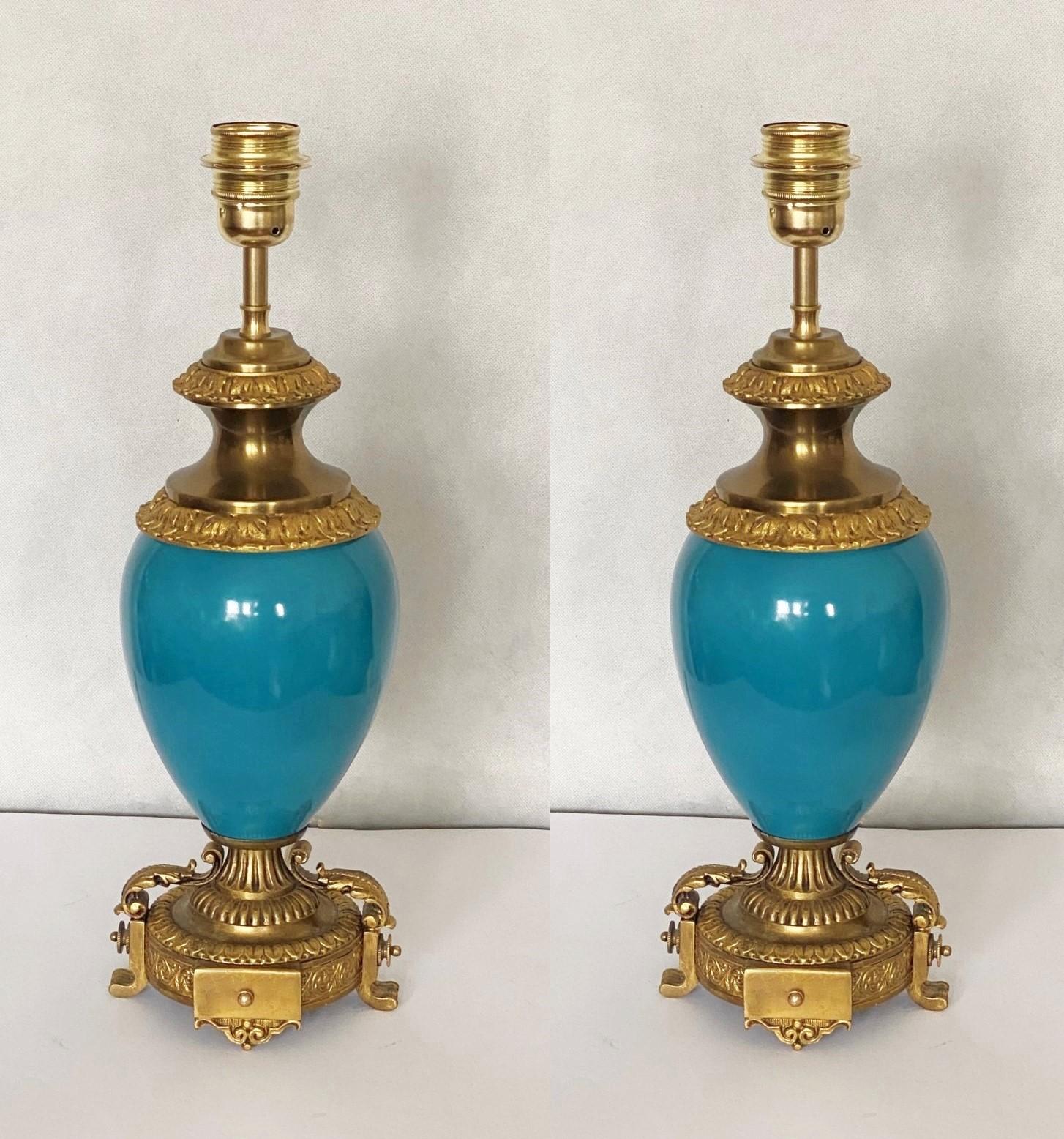 Pair of Glazed Blue Porcelain Bronze Table Lamps, 1920s  For Sale 3