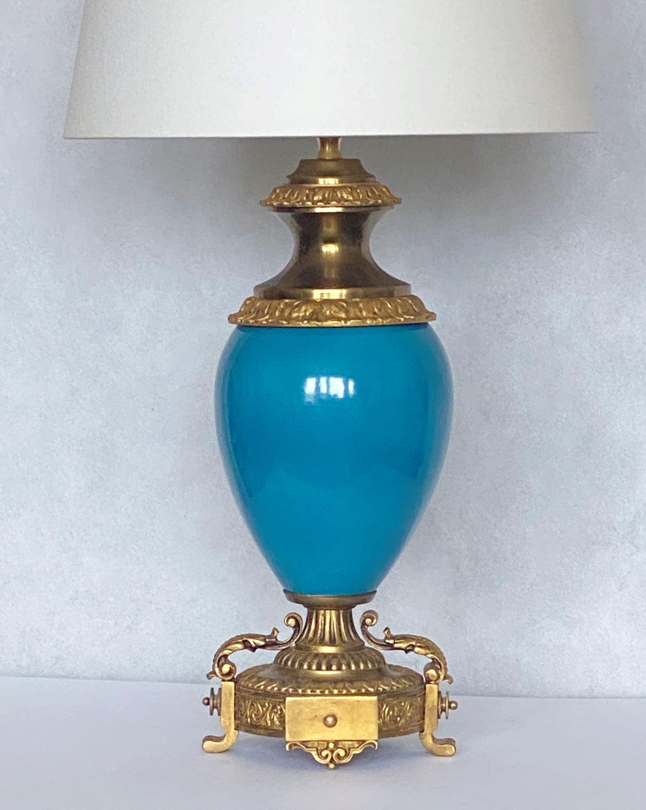 French Pair of Glazed Blue Porcelain Bronze Table Lamps, 1920s  For Sale