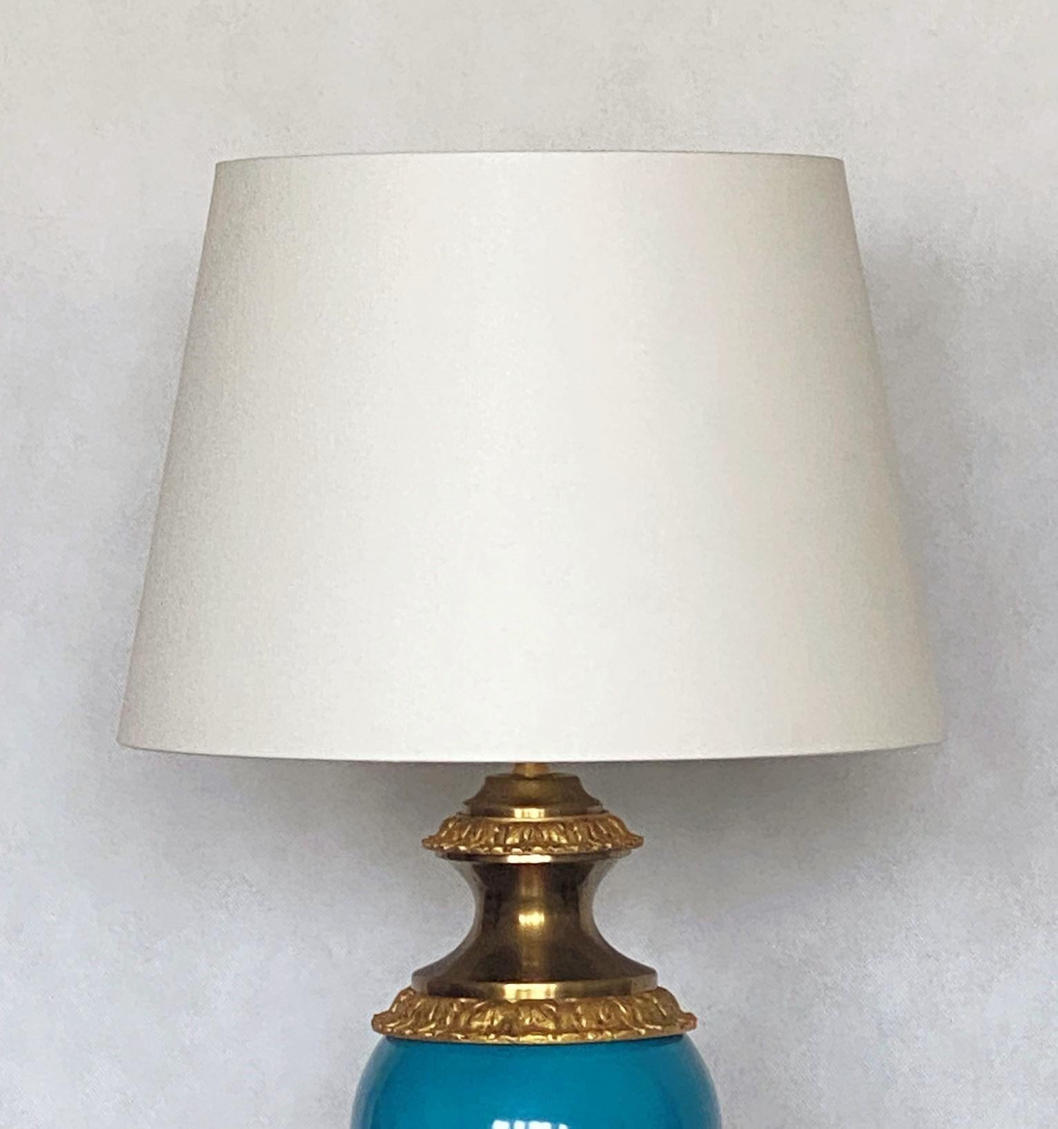 Pair of Glazed Blue Porcelain Bronze Table Lamps, 1920s  In Good Condition For Sale In Frankfurt am Main, DE