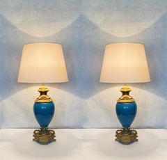 Pair of Bronze and Porcelain Turquoise Table Lamps, France, circa 1920s