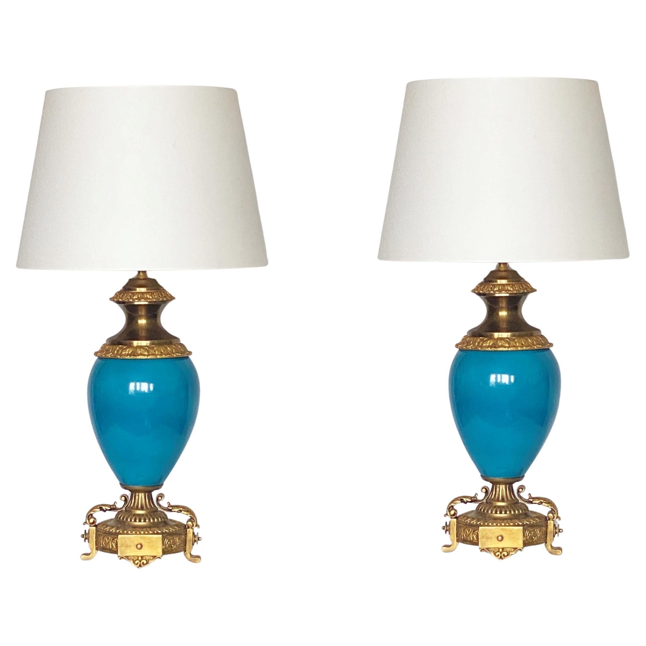 Pair of Glazed Blue Porcelain Bronze Table Lamps, 1920s 