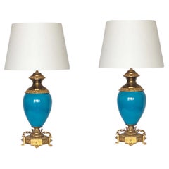 Pair of Glazed Blue Porcelain Bronze Table Lamps, 1920s 