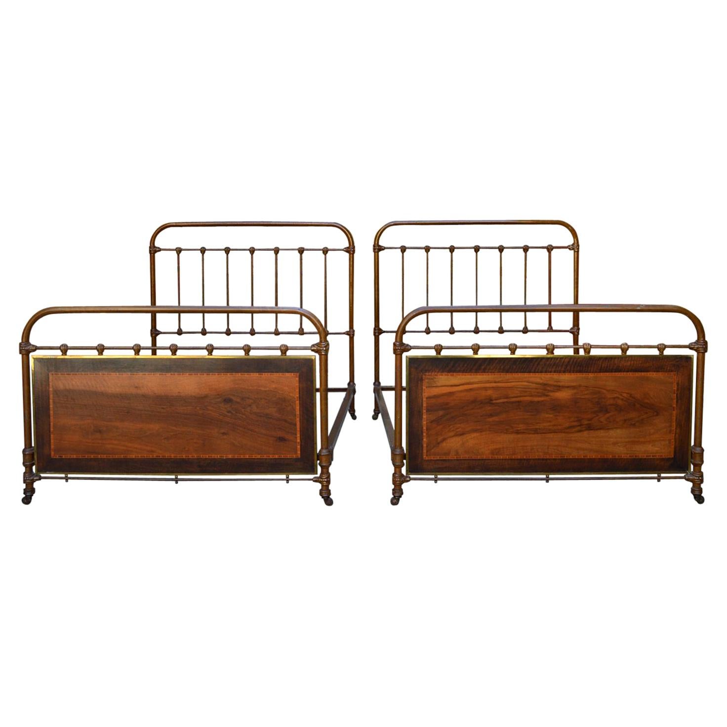 Pair of French Twin Beds, Cast Iron Fake Wood, Brass and Marquetry, circa 1910 For Sale