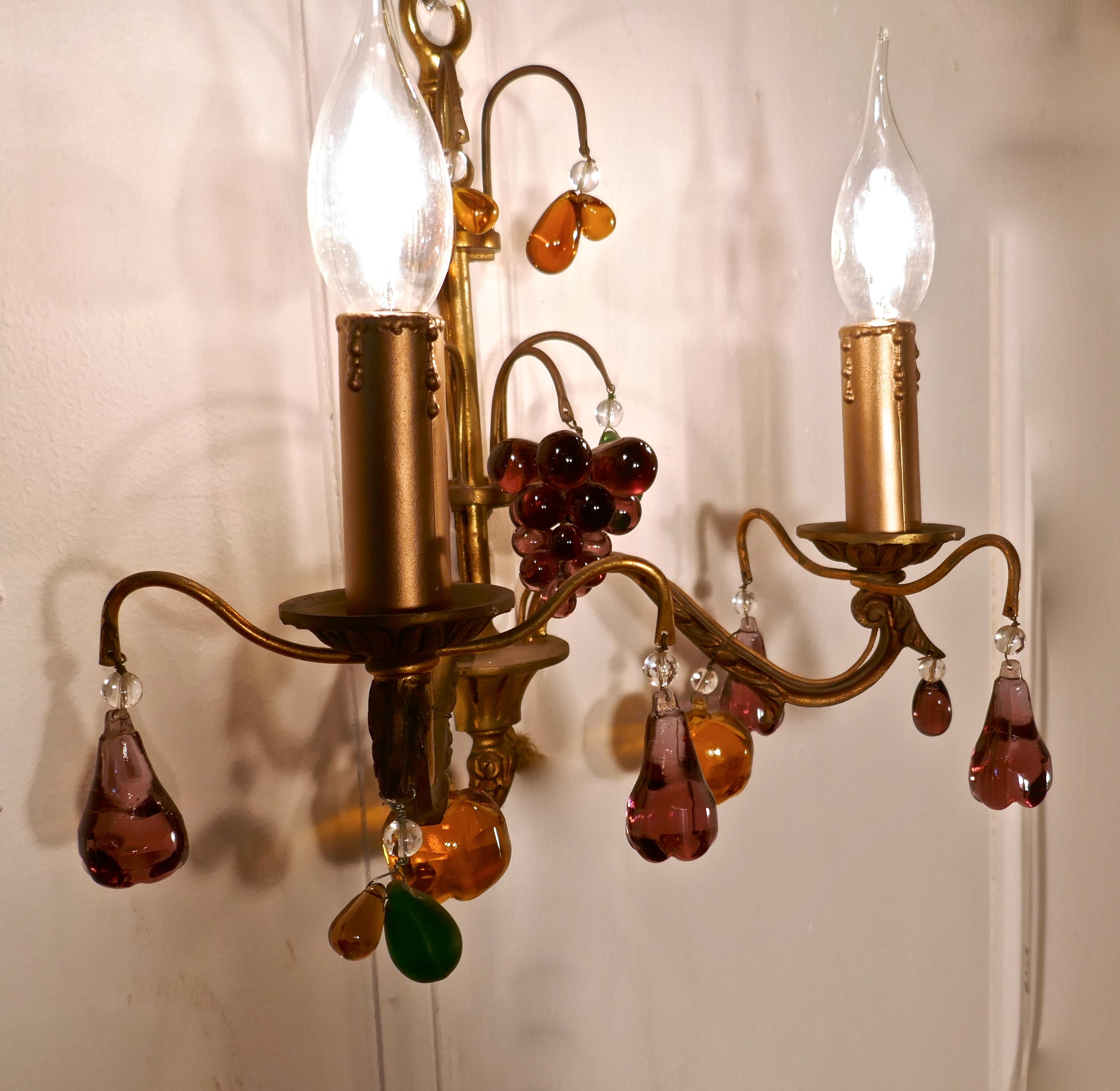 Beaux Arts Pair of French Twin Wall Lights Hung with Crystal Fruit