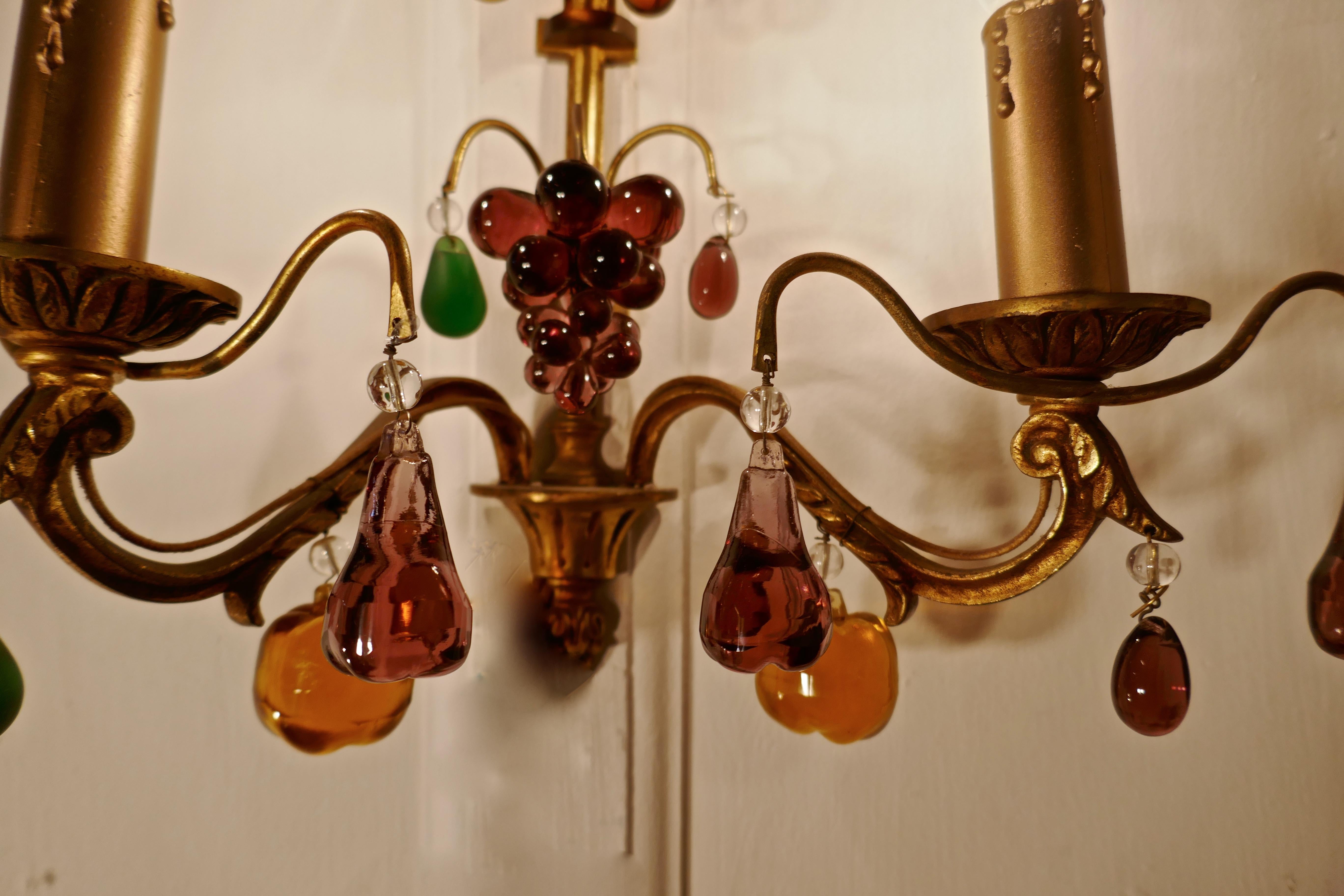 Early 20th Century Pair of French Twin Wall Lights Hung with Crystal Fruit