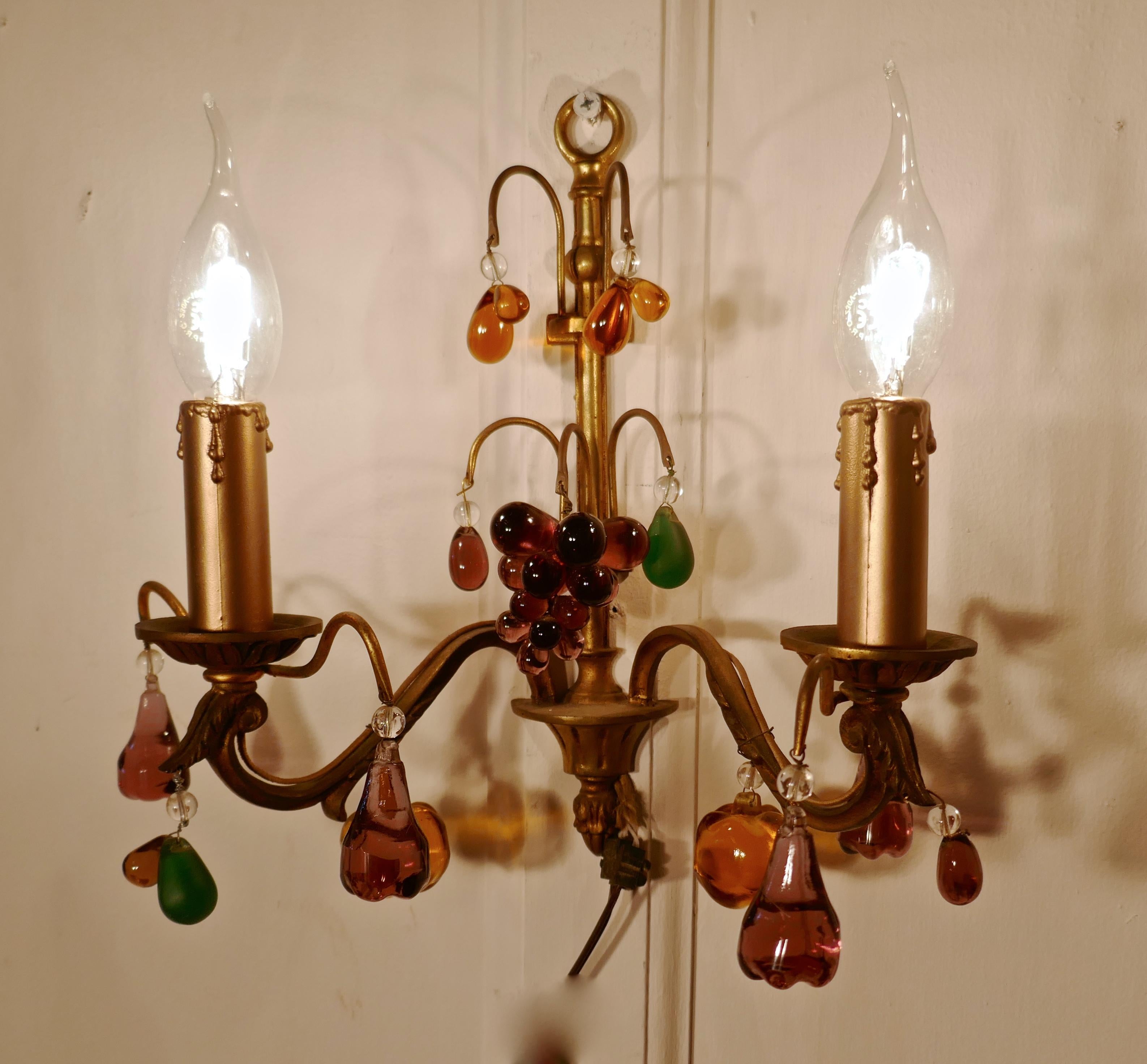 Pair of French Twin Wall Lights Hung with Crystal Fruit 1