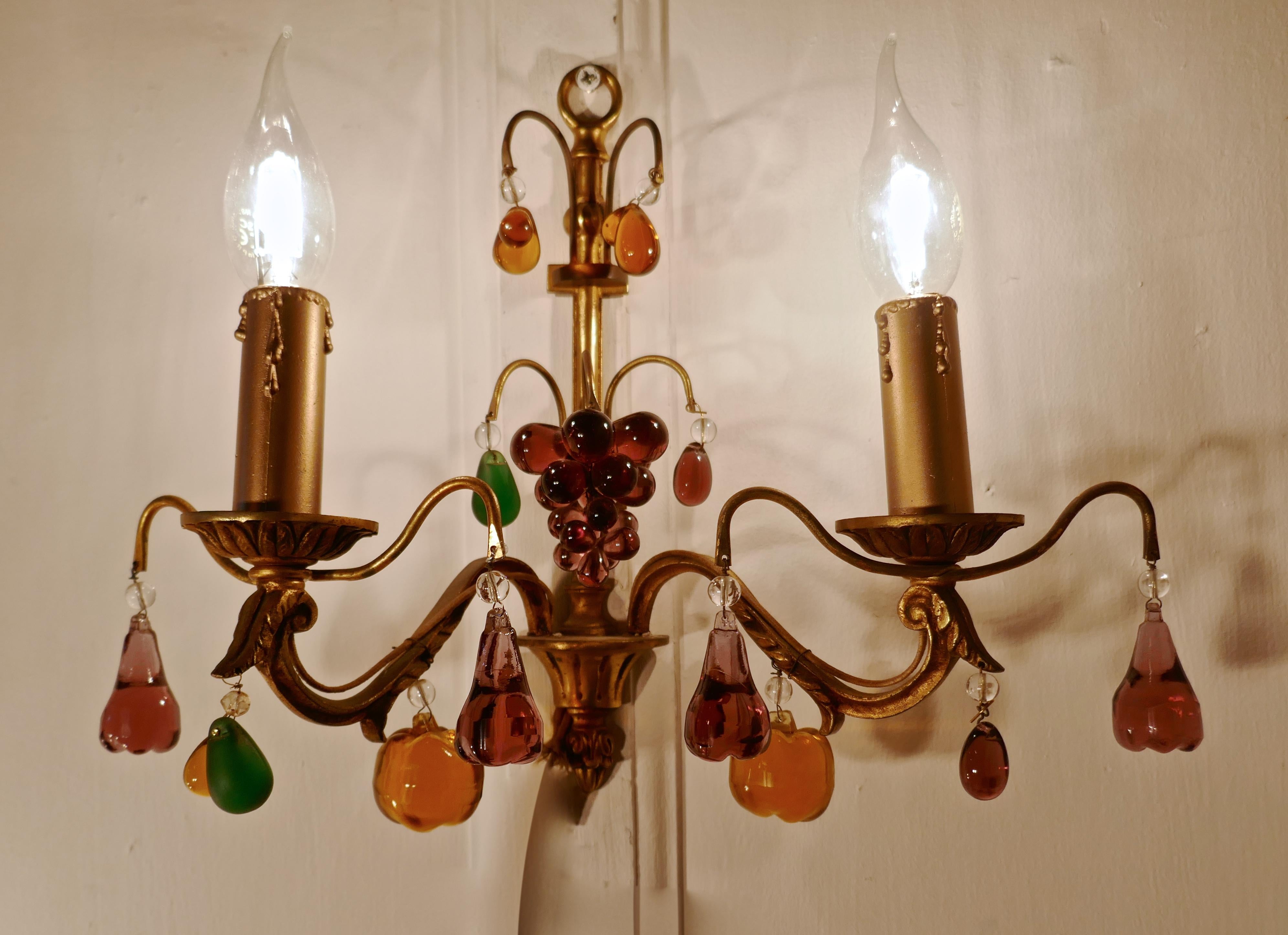 Pair of French Twin Wall Lights Hung with Crystal Fruit 2
