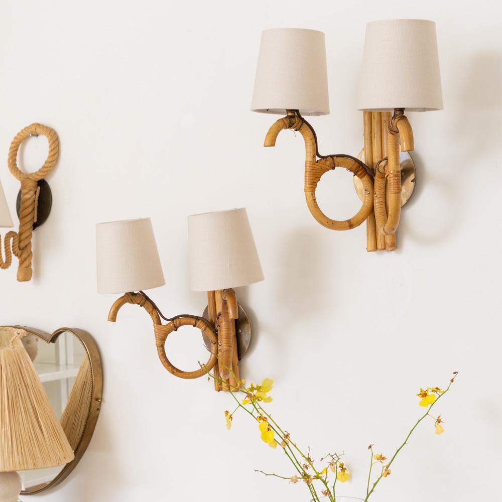 Pair of French Two-Arm Rattan Sconces For Sale 10