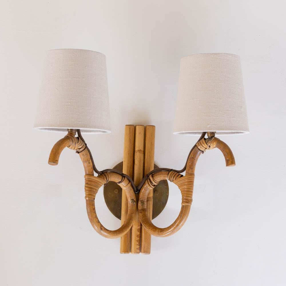 Pair of French Two-Arm Rattan Sconces In Good Condition For Sale In Los Angeles, CA