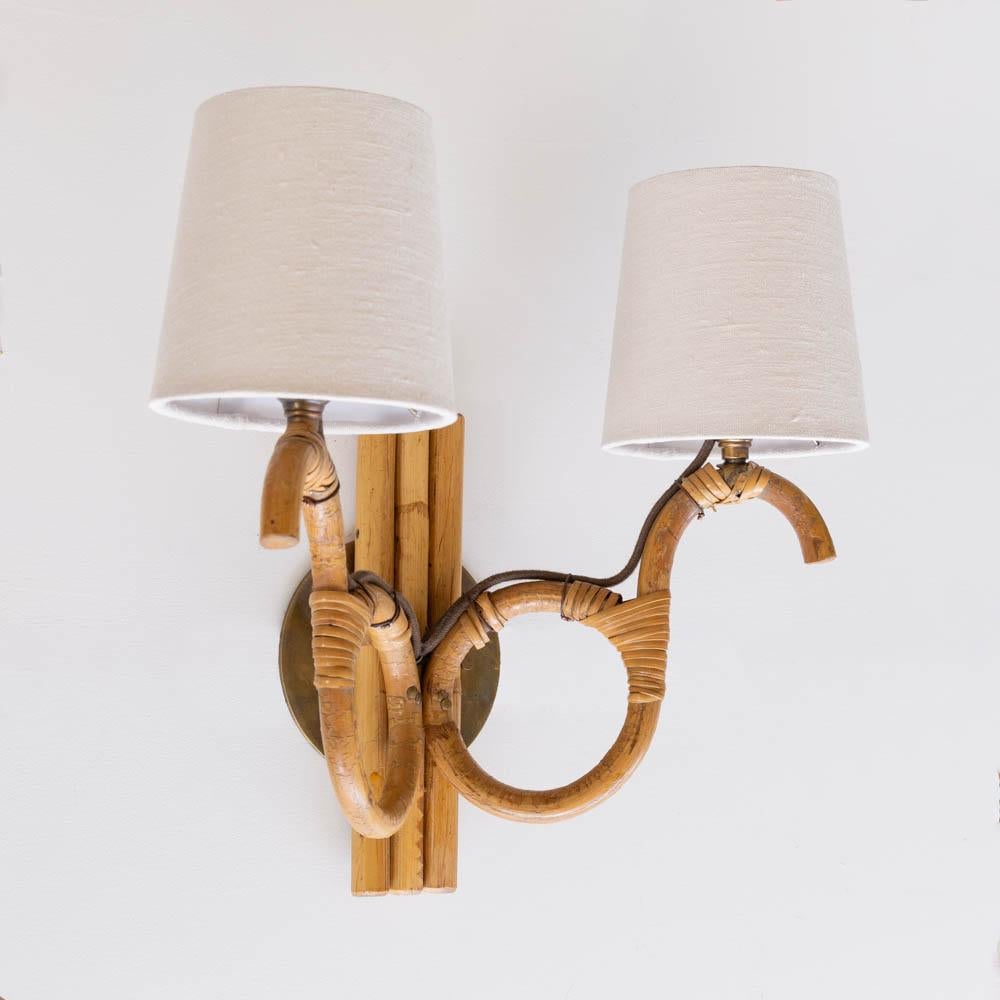 Mid-20th Century Pair of French Two-Arm Rattan Sconces For Sale