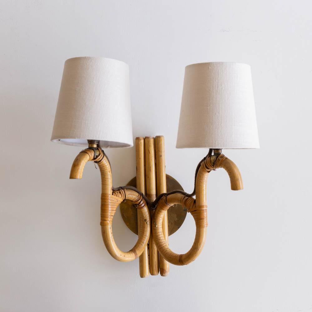 Pair of French Two-Arm Rattan Sconces For Sale 2