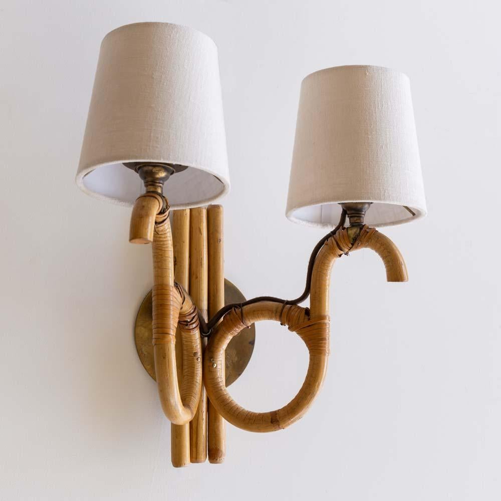 Pair of French Two-Arm Rattan Sconces For Sale 3