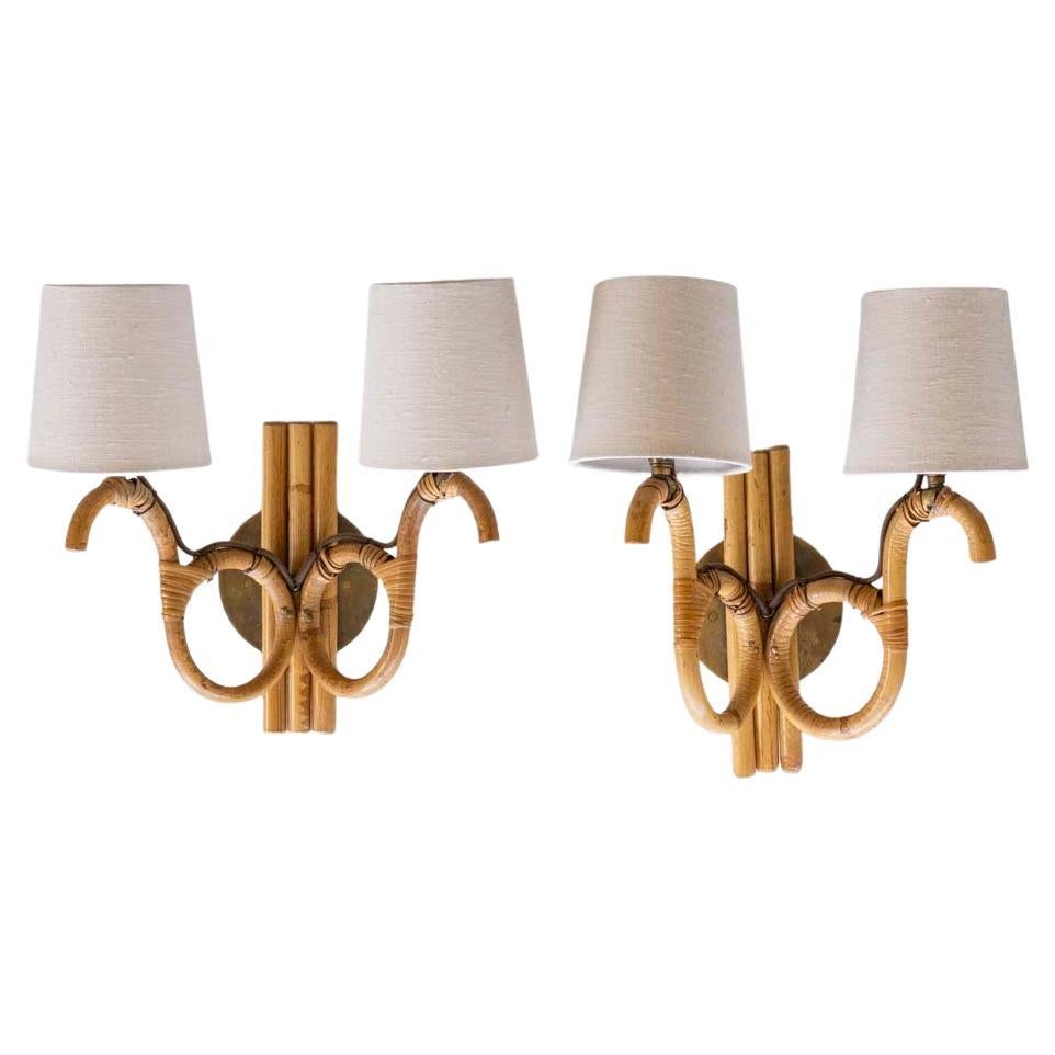 Pair of French Two-Arm Rattan Sconces For Sale