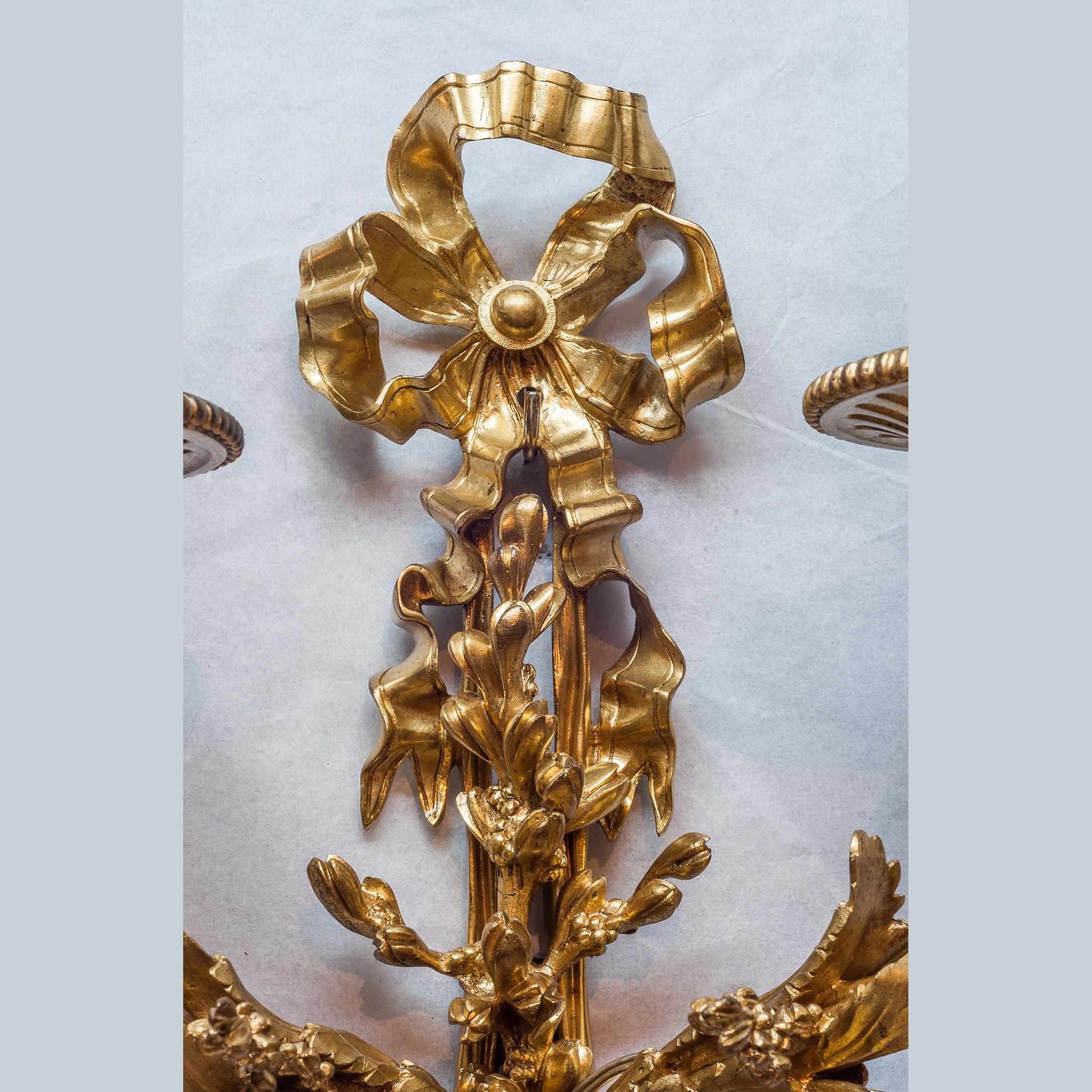 Gilt Pair of French Two-Arms Ormolu Wall Light Sconces For Sale