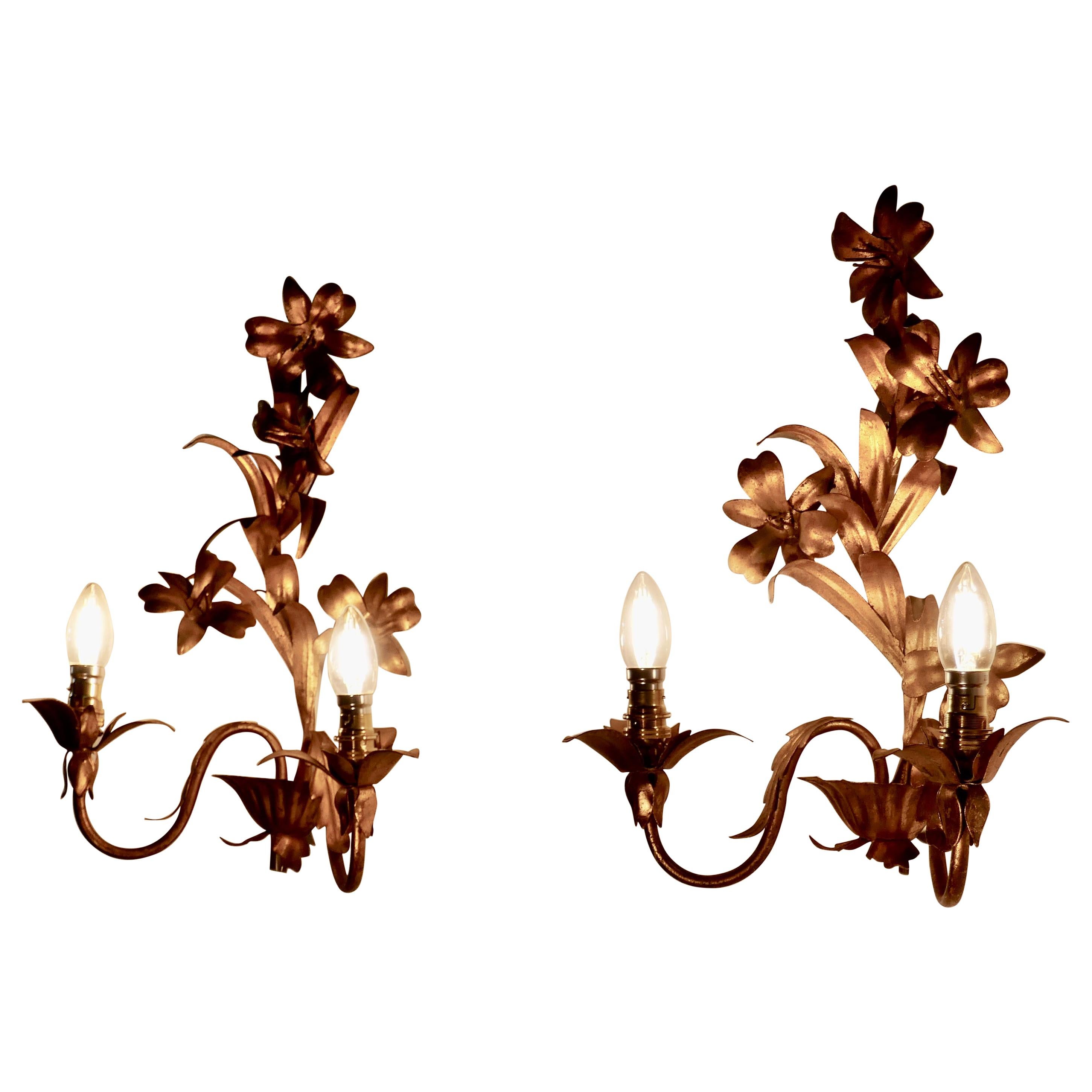 Pair of French Two Branch Toleware Gilded Wall Lights
